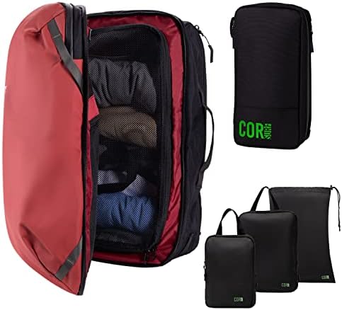 COR Surf Carry On Travel Backpack Bundle | Island Hopper Travel Backpack with Toiletry Bag and Compression Packing Cube Set (28L, Red)