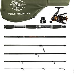 Rigged and Ready World Traveller Travel Fishing Rod Reel & Case Set. Compact 6 Sections, 2 Tips. 190cm to 215cm or (6.4' or 7’) Nano-Carbon Fishing Rod Options. Spin Bait Carp Pike Sea Fishing